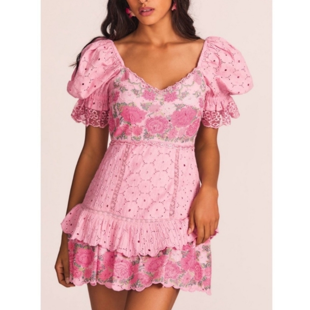 LoveShackFancy Pink Eyelet Floral Mini Dress